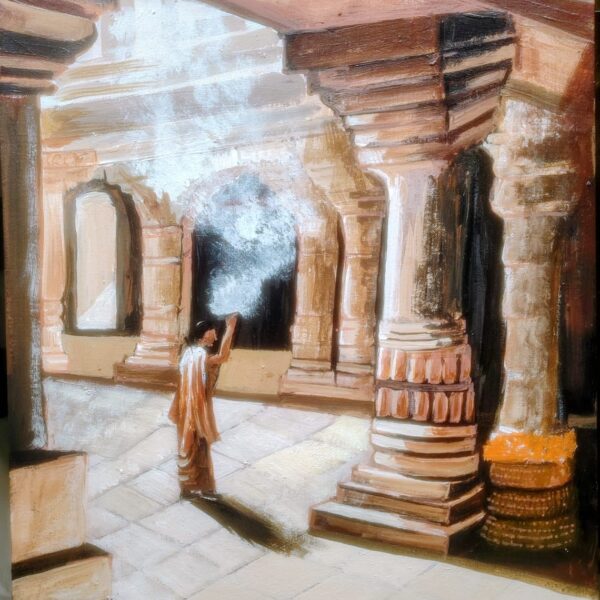 Old temple and Pujari painting